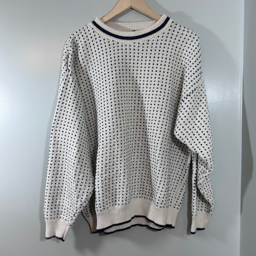 Vintage American Weekend Cotton Birdseye Knit Sweater Mens Large Cream Navy USA